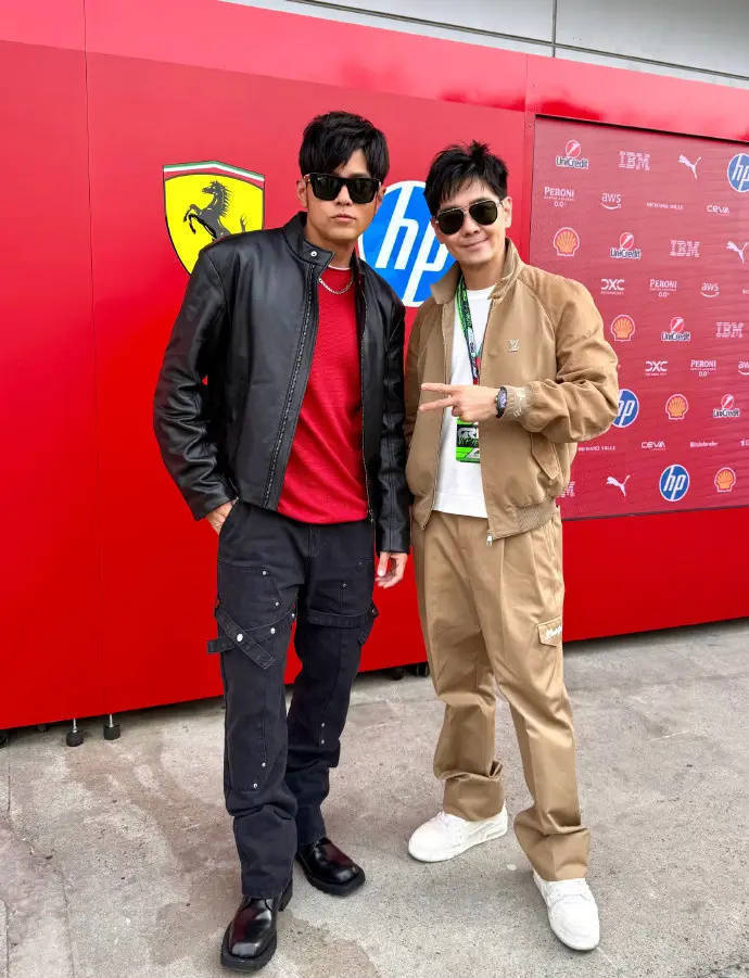 林志颖与周杰伦F1赛道合影，墨镜造型抢眼 -1