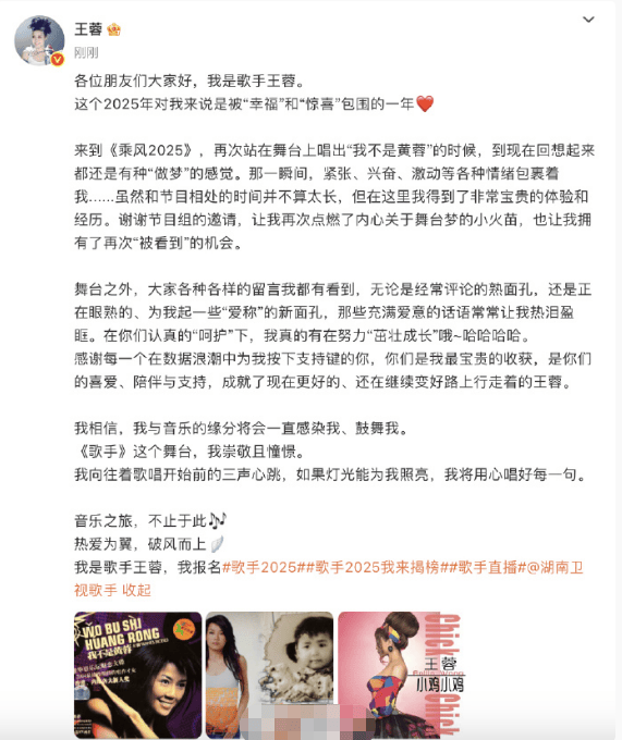 王蓉正式宣布参加《歌手2025》：我向往并尊敬这个舞台 -1