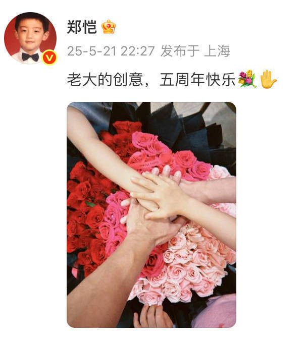 郑恺苗苗结婚五周年晒全家叠手照 -1